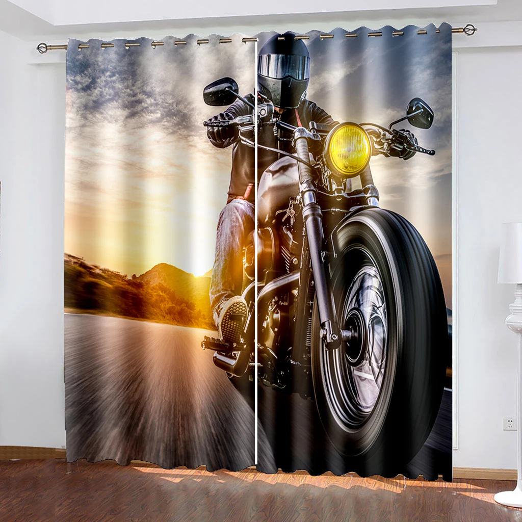 Motorcycle Window Curtains 3D Dirt Motocross Bike Rider Silhouettes Crossing The Road in Motocross Race Semi Blackout Curtains