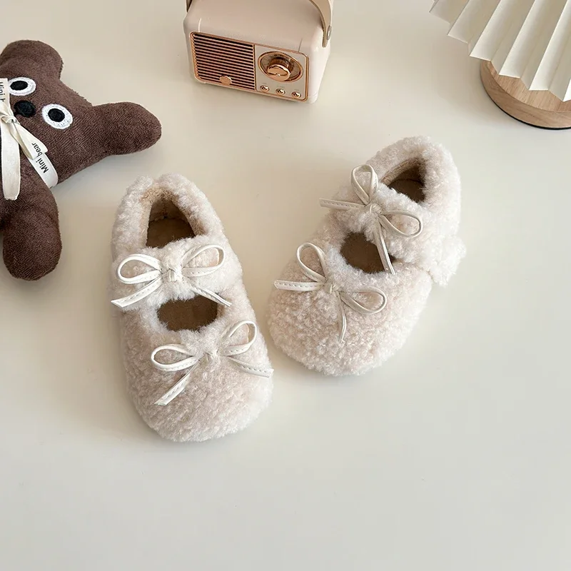 2024 Winter New Children Flats Fashion Double Bowknot Fur Cover Toe Warm Kids Casual Shoe Plush Warm Non-slip Mary Jane Shoes