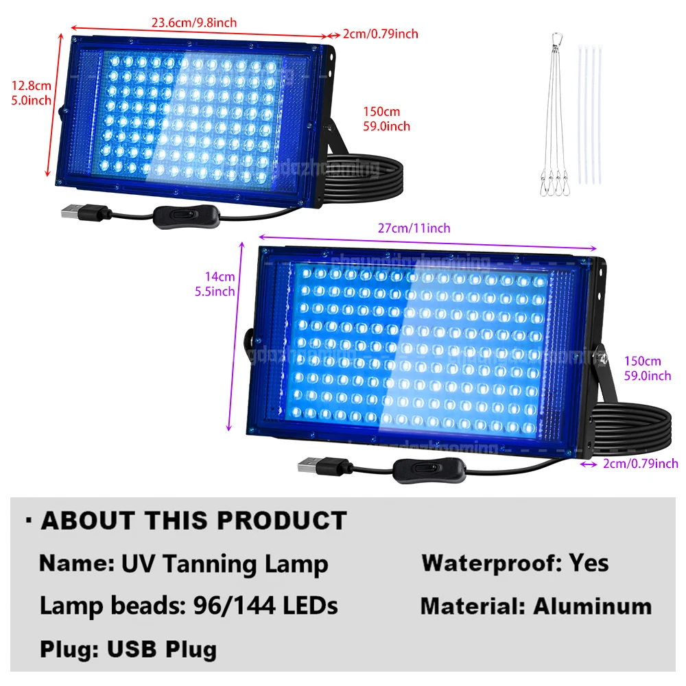 96/144 LED 태닝 솔라리움 램프 (전신용), 파장 460-480nm 스킨케어, 블루라이트 UV 태닝 램프 (걸이용 후크 포함)