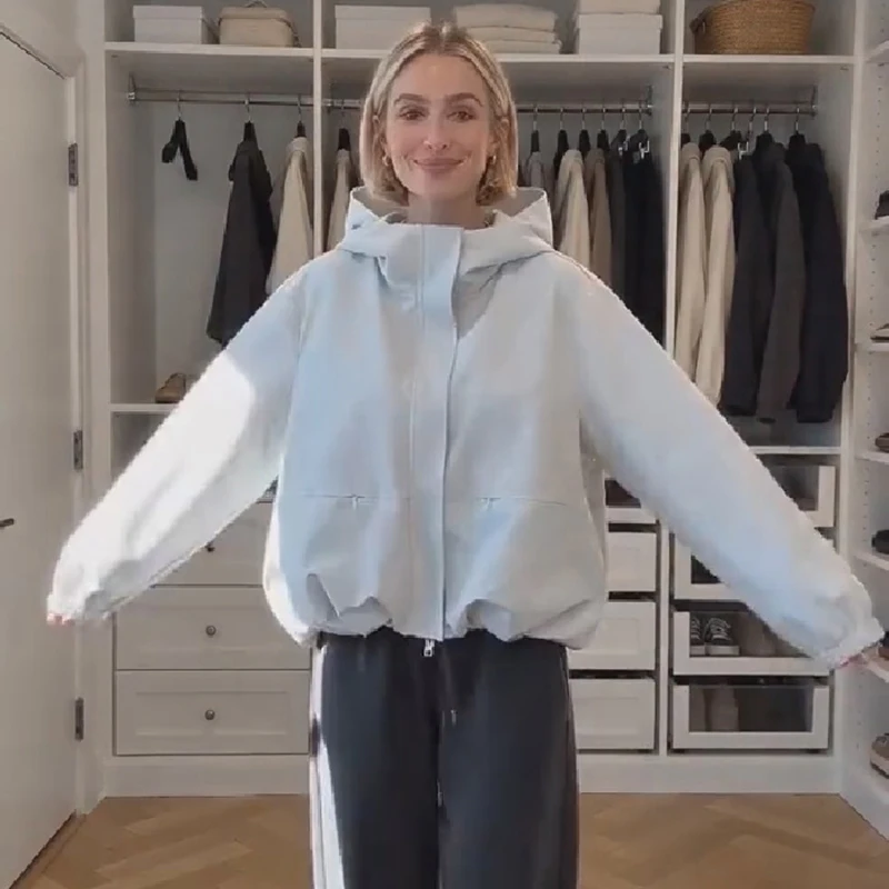 Women Hooded Windproof Jacket Hidden Placket Elastic Cuffs Patch Pockets Loose Fit Cropped Coat Casual Daily Ladies Outerwear