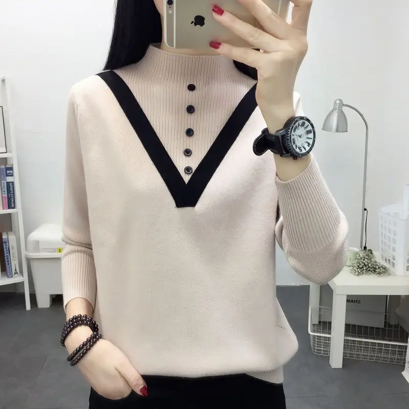 

Autumn and Winter Women's Pullover Solid Button Turtleneck Splice Loose Sweater Underlay Fashion Casual Elegant Commuter Tops