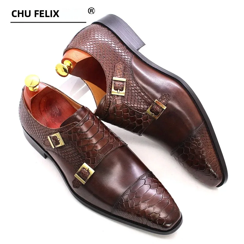 Sapatos sociais masculinos tamanho 39-46 couro genuíno fivela dupla alça monge estampa de cobra bico clássico estilo italiano