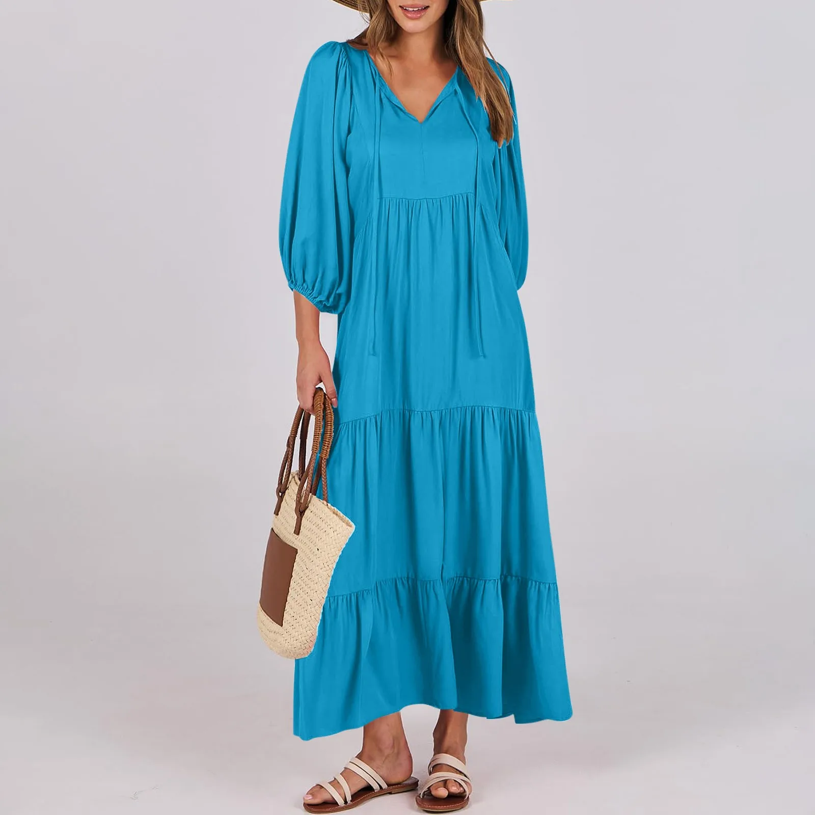 Chic Puff Sleeve Boho Maxi Dress Summer Solid Color Lazy Style Loose Casual Style Vacation Drawstring V-Neck Long Beach Dresses