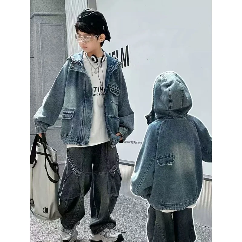 

Children Denim Jacket With Hood for Boys Autumn Casual Clothes 5-14 Years Old Girl Korean Soft Jeans Coat Clothing Outfit