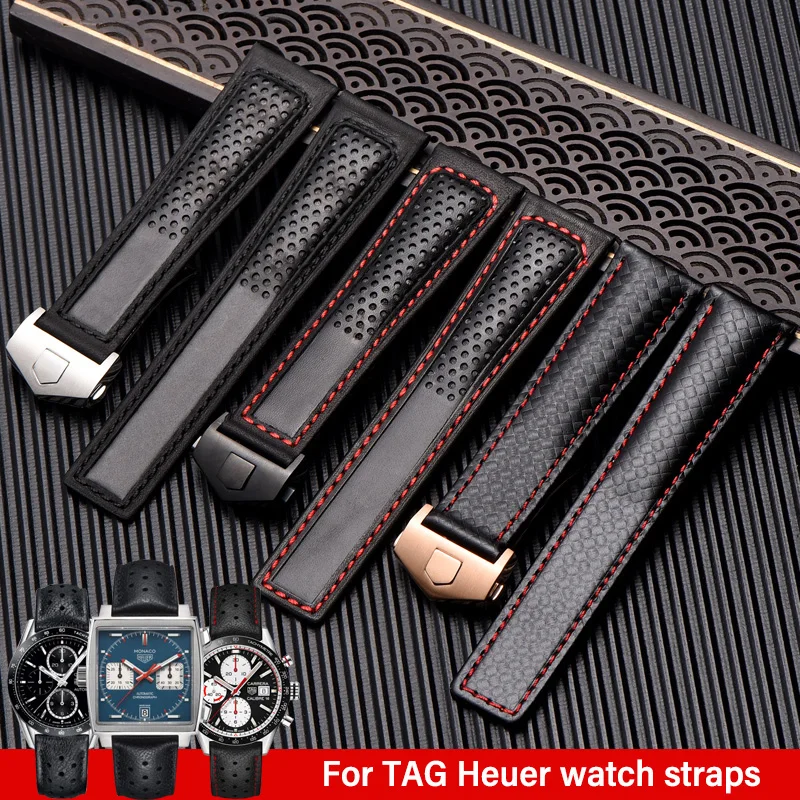 19mm 20mm 22mm cowhide watch strap for tag heuer Carrera Monaco F1 watchband Folding buckle Men‘s black red bracelet with tool