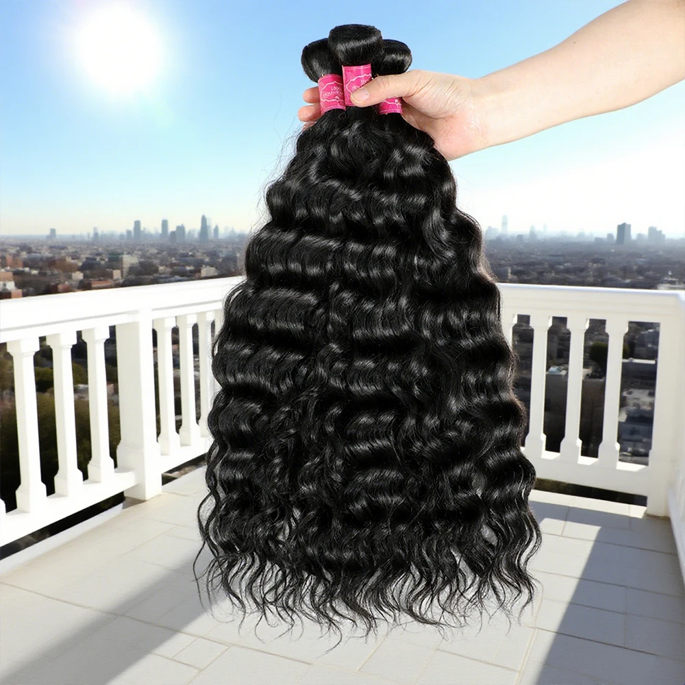 Natural Water Wave Human Hair Bundles, Curly Deep Wave, Brazilian Natural Black Remy, 3 Bundles