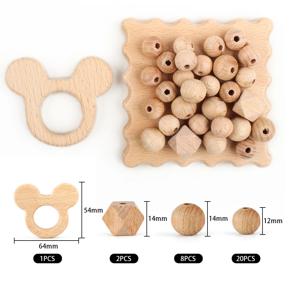 31Pcs/Set Baby Wooden Beads Teether Set Cartoon Animals Shape Natural Beech Wood Beads DIY Pacifier Chain Nursing Accessories