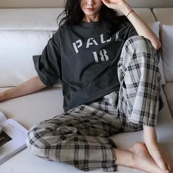 Two-Piece Women‘s fall and Winter Pajamas Set Plaid Long Trousers Ladies Round Neck Sleepwear Fashion Casual Home Wear Nightwear