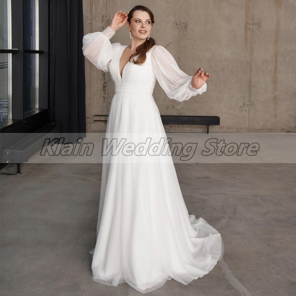 Weilinsha A-Line Classic Long Sleeves Brautkleider Scoop Appliques Taste Zurück Gericht Zug Tüll Brautkleider für Bräute