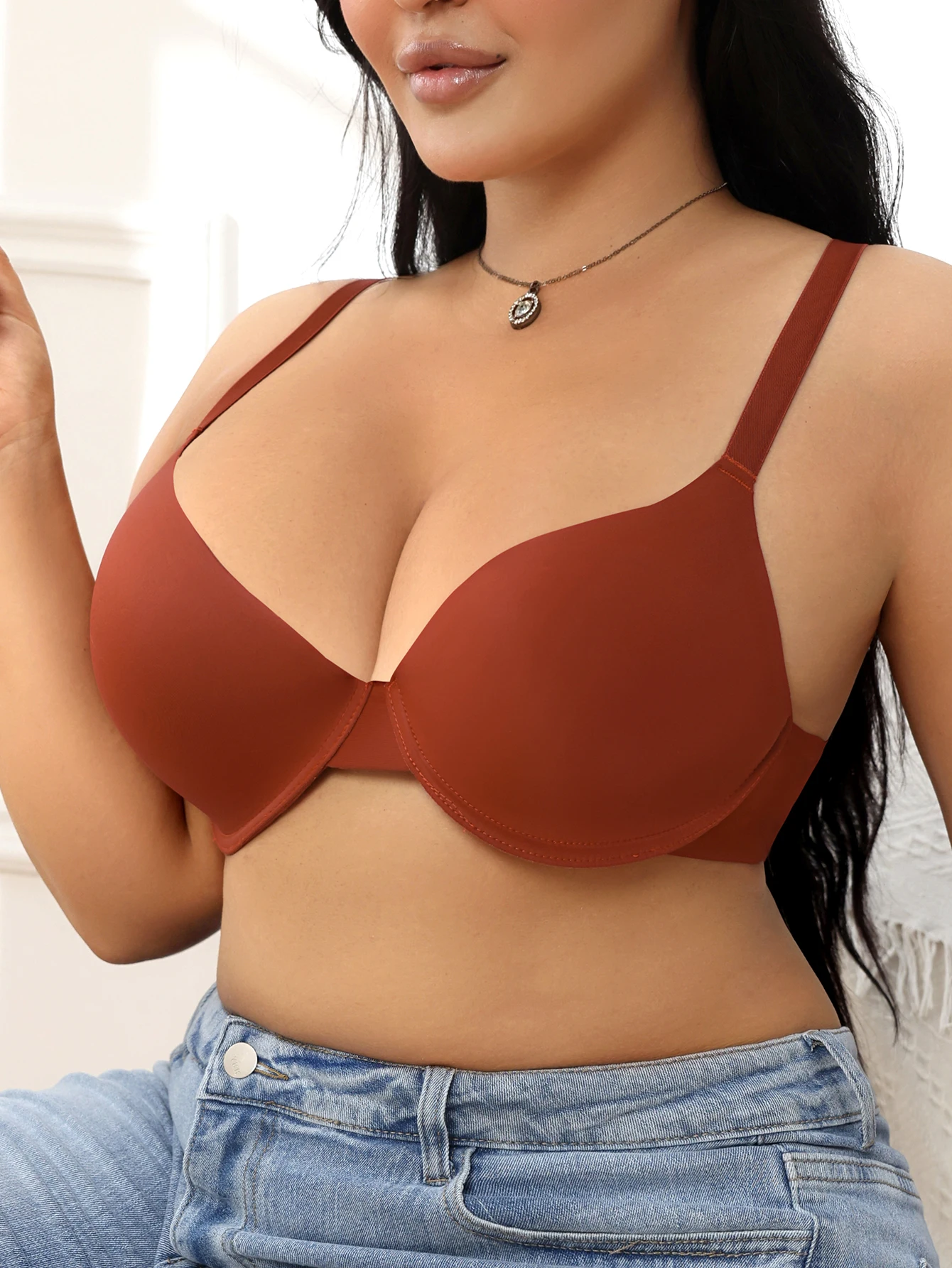 Sujetador Maroon Simple de talla grande para mujer, algodón suave con aros, push-up, antiflacidez, ropa interior de uso diario para mujer