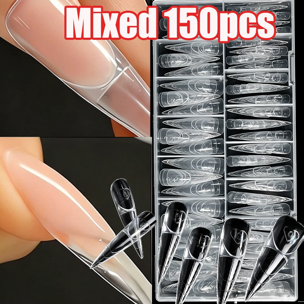 

60/150 шт. Длинные прозрачные накладные ногти-стилеты (двойные формы) # 0- # 14 форм для быстрого наращивания ногтей Poly Extension Gel, 15 размеров, длинные формы для наращивания в форме миндаля