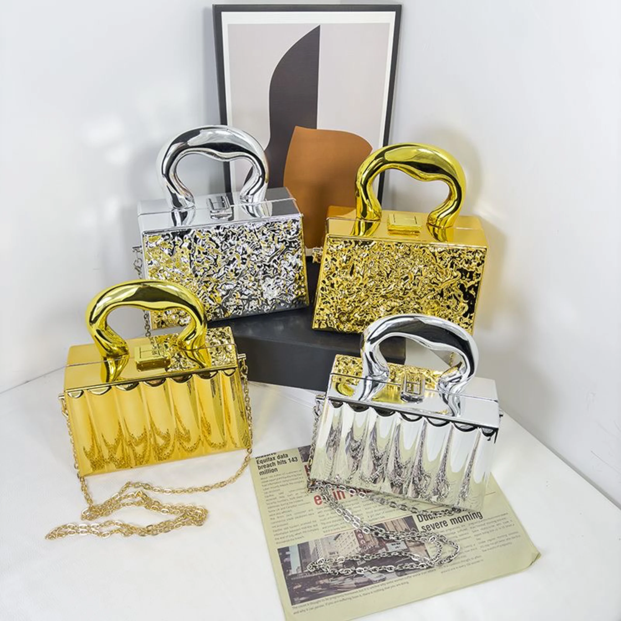 Acrylic Metallic Color Top Handle Handbag Female 2024 New Hard  Shoulder Crossbody Bag Small Box Totes Luxury Party Clutch