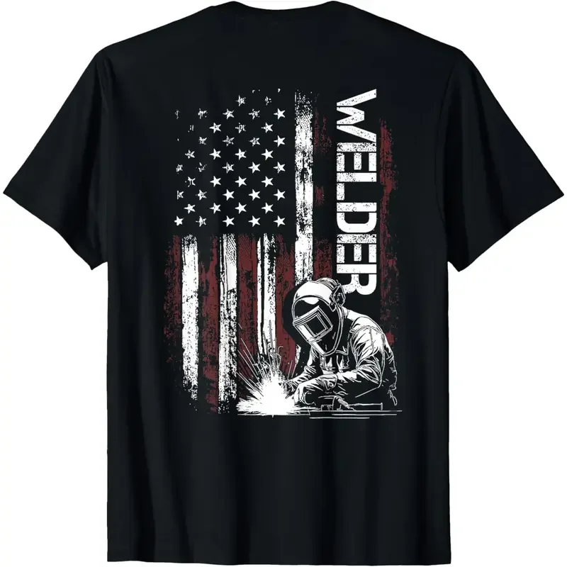 Men's Vintage USA American Flag Welding Back Streetwear T-Shirt - Made in USA, Basic, Loose-Fitting, Comfy Short-Sleeve Crew Neck, Relaxed Fit, BreathableTee, Classic Top, Casual, Machine Washable, True To Size