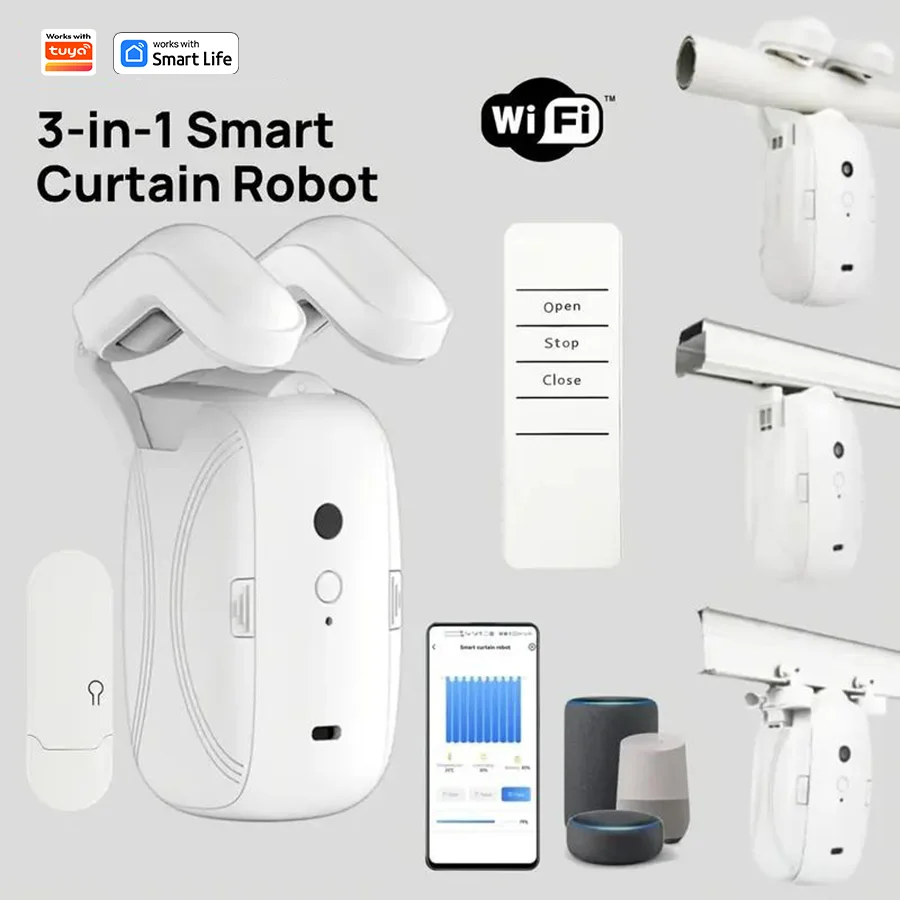 Smart Wi-Fi Curtain Controller - No Installation Required, App Controlled, Timer,  Light Sensor For Roman Rod / T / U Track 3in1