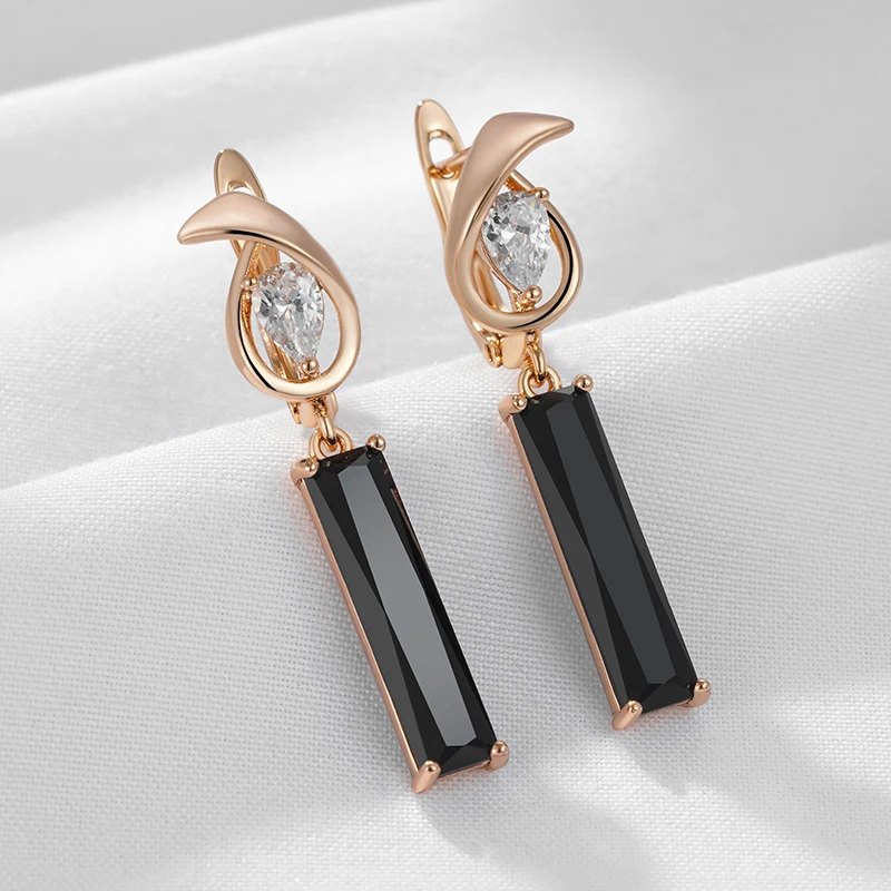 Kinel Hot Simple Long Square Black Natural Zircon Drop Earrings For Women 585 Rose Gold Color High Quality Daily Fine Jewelry