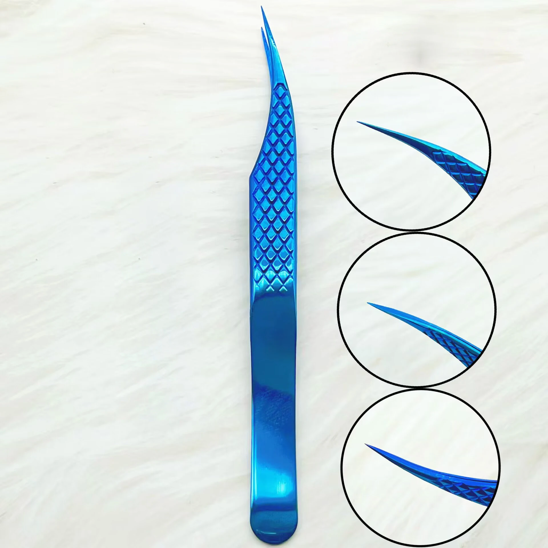 1PC Eyelash Extension Tweezers With Fiber Tips Mirror Blue Stainless Steel High Precision Tweezer for Volume Fans Makeup Tools