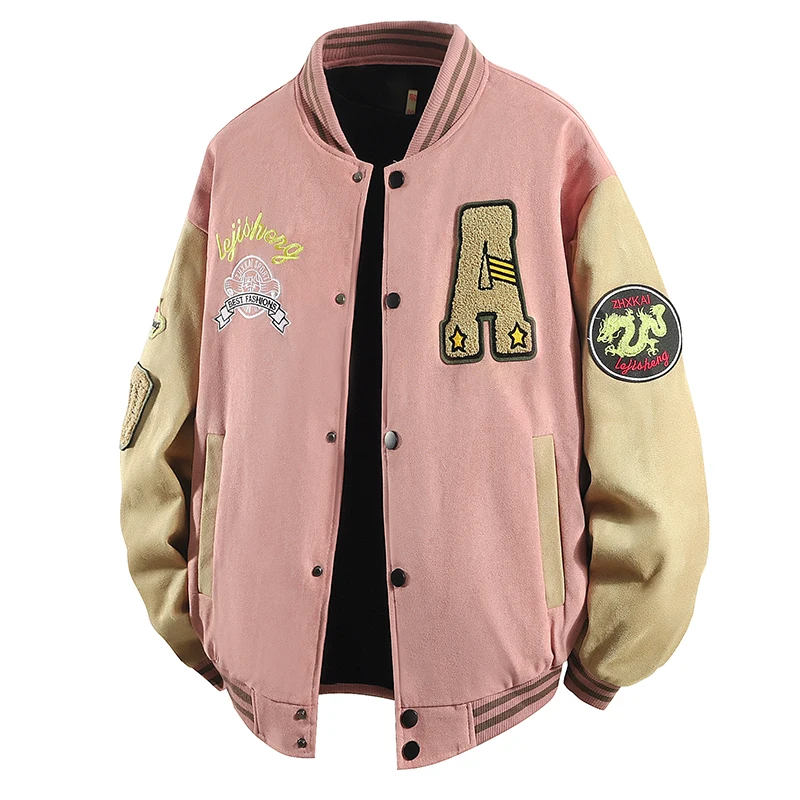 Chaqueta universitaria bordada de gamuza de Hip Hop para hombre, chaqueta de béisbol de manga larga con gráfico de letras y bloques de Color, abrigo Bomber