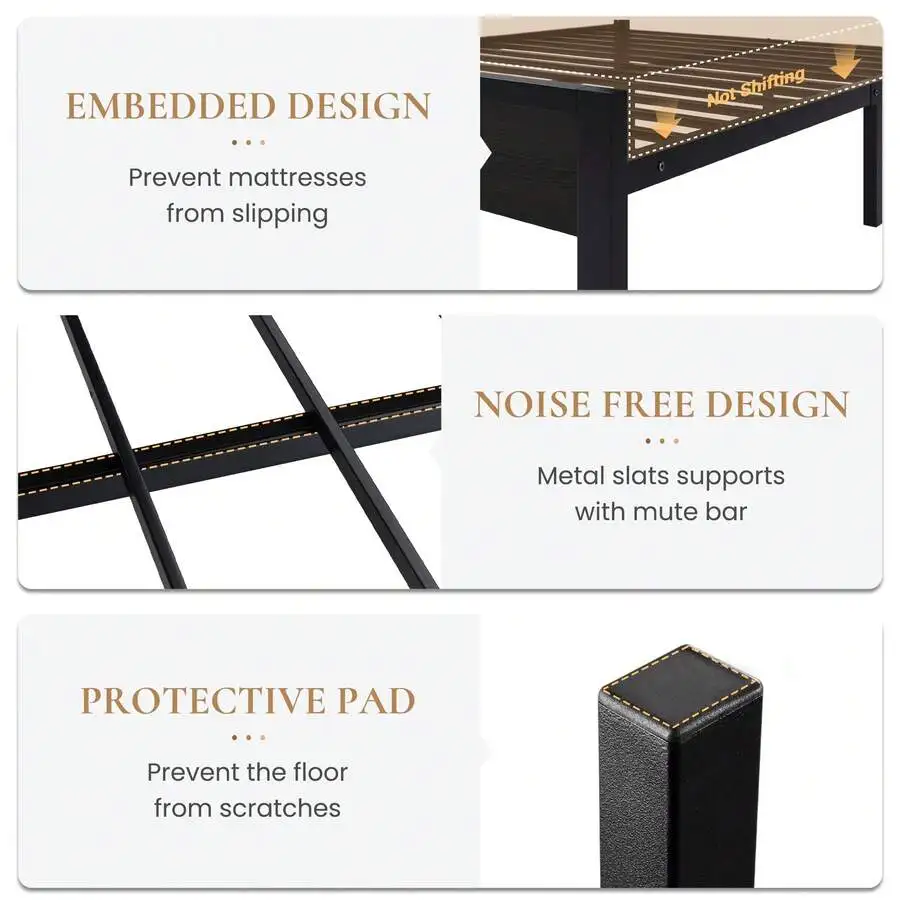 Twin/Full/Queen/King Size Bed Frame With Led Light & Built-In Charging Station, Wooden Storage Headboard And Footboard, Metal Platform Bed With Under Bed Storage, No Box Spring Needed, Noise Free, Black view 7