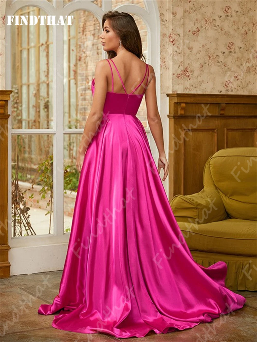 Findthat Fuchsia V-Neck Ruched Bridesmaid Dress for Wedding 2024 Satin Elegant Spaghetti-Strap A-Line Evening Prom Gown Backless