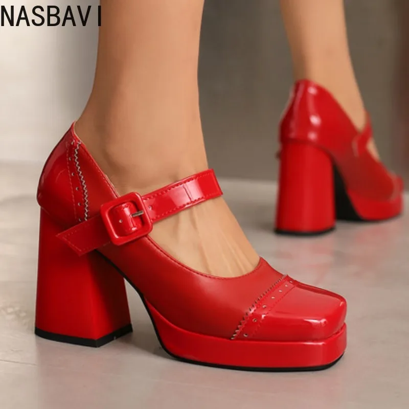 

NASBAVI Fashion Ankle Strap Platform Pumps Women Pu Leather Square Toe Mary Jane Shoes Woman Goth Thick High Heels Shoes Ladies