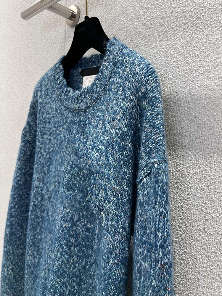 SVORYXIU Lente en herfst modieuze blauwe casual trui dames losse retro trui met bloemenpatroon