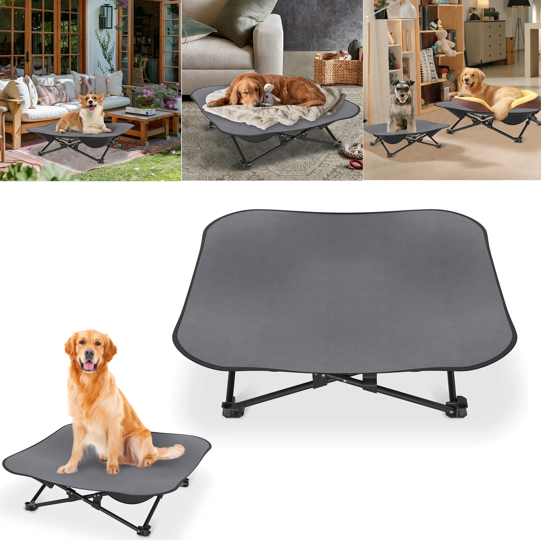Cuccia rialzata per animali domestici, lettino per cani da esterno, colore grigio, struttura in metallo robusta, taglia S 68 x 68 x 21 cm, taglia M 87 x 87 x 33 cm, ideale per campeggio all'aperto.