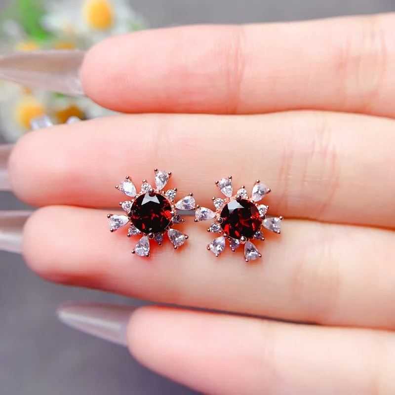 925 Sterling Silver 18K Gold Plated Ruby Color Stud Earrings Natural Garnet  Elegant Earrings for Women