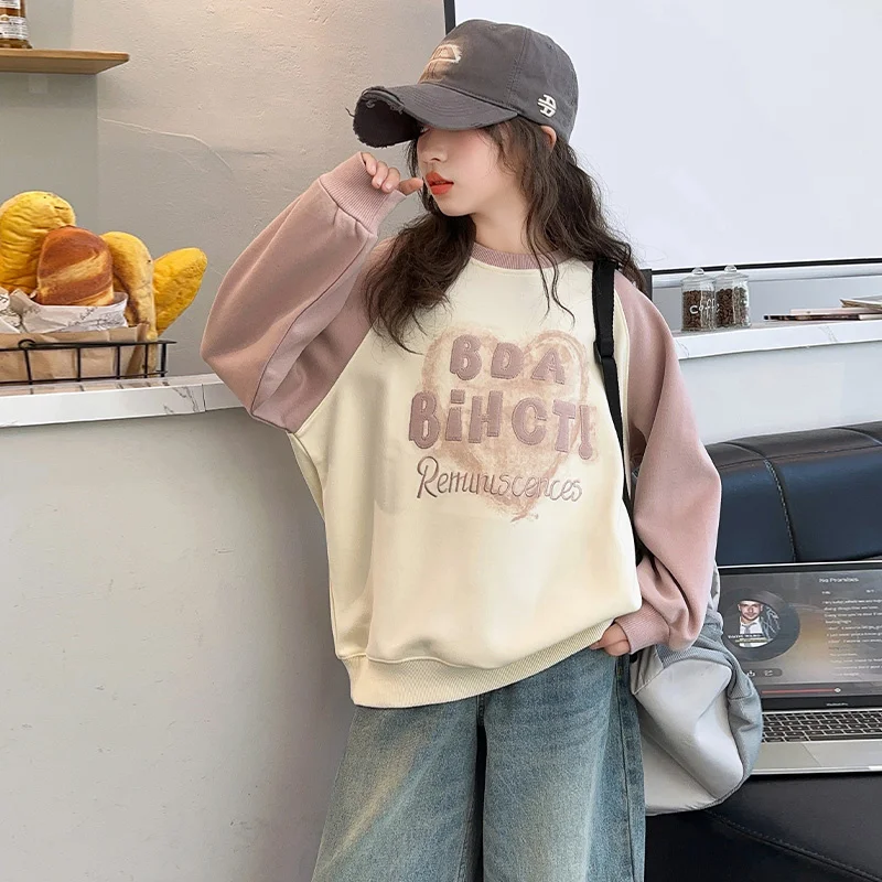 Children's Thermal Sweatshirt for Girl Winter Fashion Fleece Heart Pattern Pink Clothes Kids Thick Warm Velvet Sweatshirt Outfit image 3