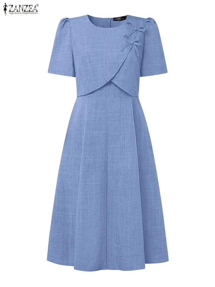 ZANZEA Elegante Frauen OL Arbeitskleider 2025, Sommerkleid, kurze Ärmel, Bögen, Sommerkleid, stilvoll, tailliert, A-Linie, Party, Vestido, Midi-Robe
