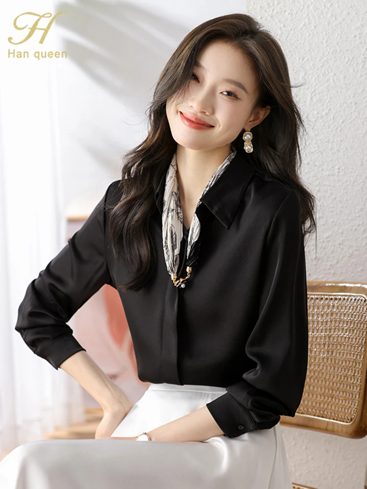 H Han Queen Spring Women Clothes Simple Office Female Shirts And Blouses  Long Sleeve Top Casual Korean OL basic Shirts Woman