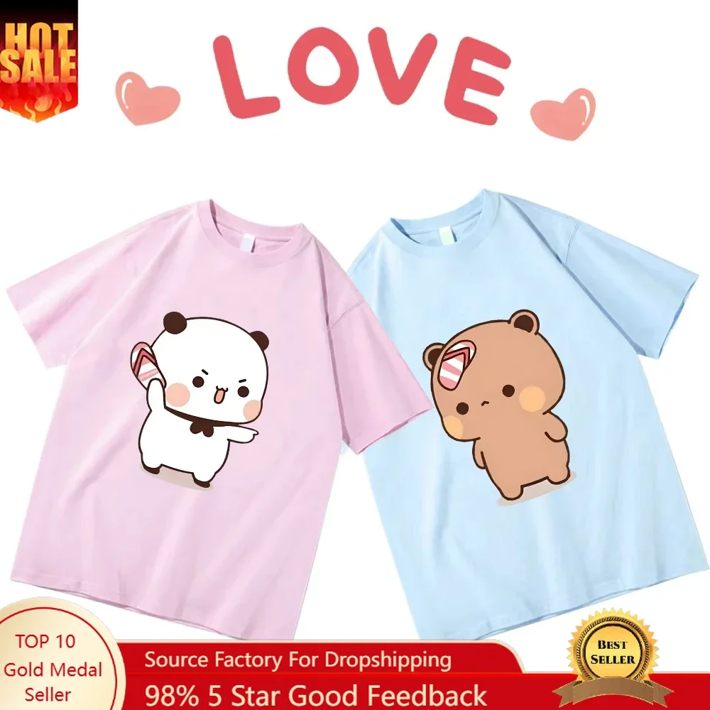 

Couple Bubu Is Throwing Flip-flops At Dudu T-shirt Funny Valentines Day Clothes Cute Panda Bear Bubu Dudu Tops Y2k Cotton Tshirt