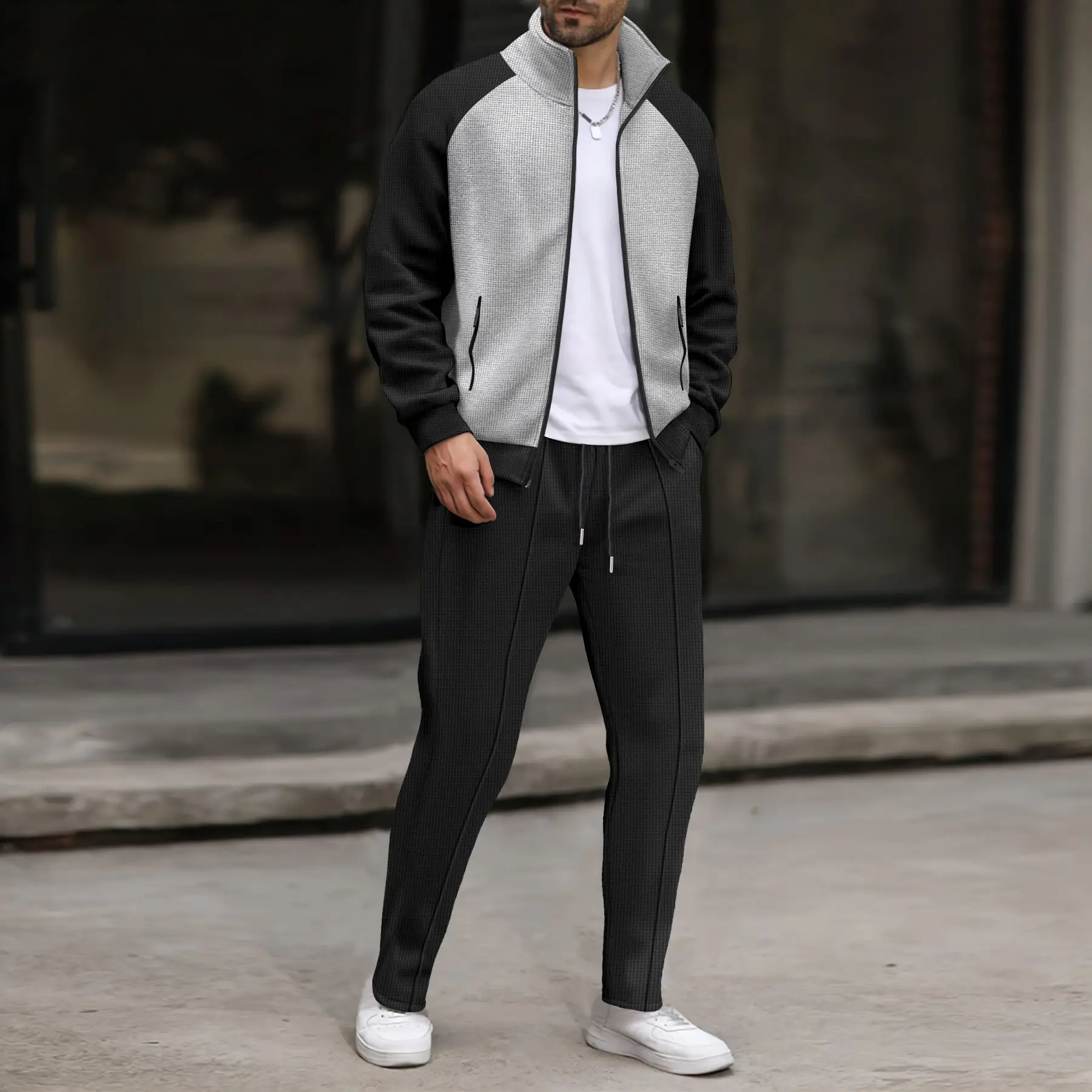 

Men's street casual suit, trendy fashion patchwork top + drawstring pants - spring/autumn loose and comfortable sports 2-piece s