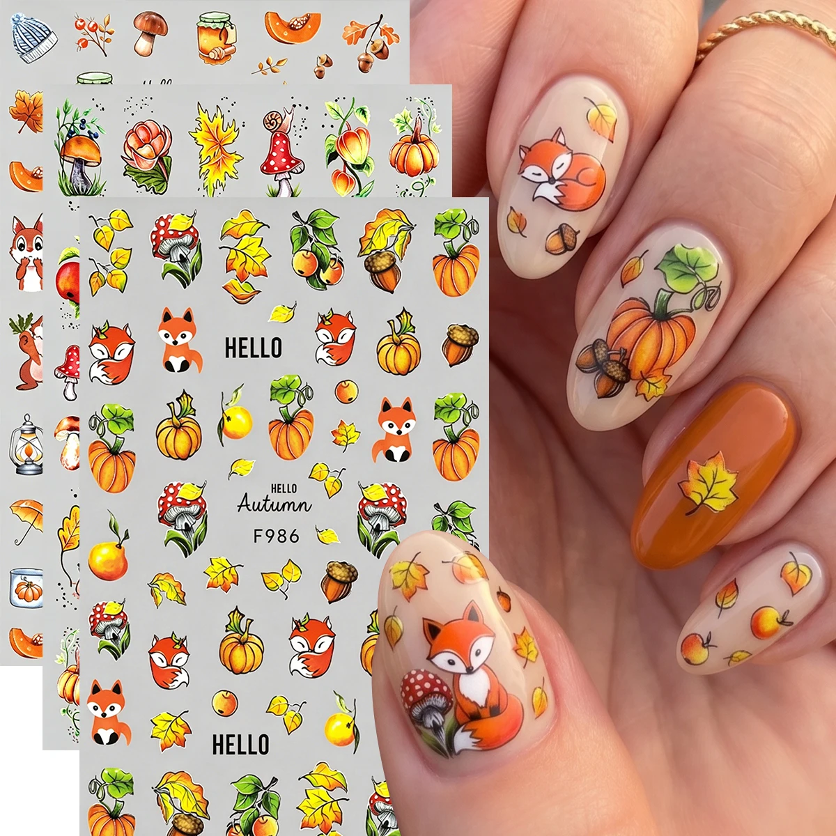 1pc Autumn Maple Leaves 3D Nail Art Stickers Cartoon Fox Squirral Pumpkin Mushroom Florals Nail Decals DIY Manicure Decorations
