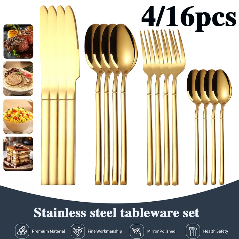 4/16-teiliges Besteckset aus Edelstahl, luxuriöses goldenes Mahlzeitenmesser und Gabel, geeignet für Feiertagsfeiern.