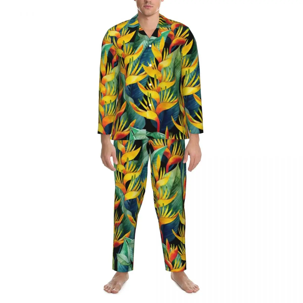 

Tropical Floral Pajama Sets Watercolor Heliconia Trendy Sleepwear Man Long-Sleeve Retro Home 2 Pieces Nightwear Large Size