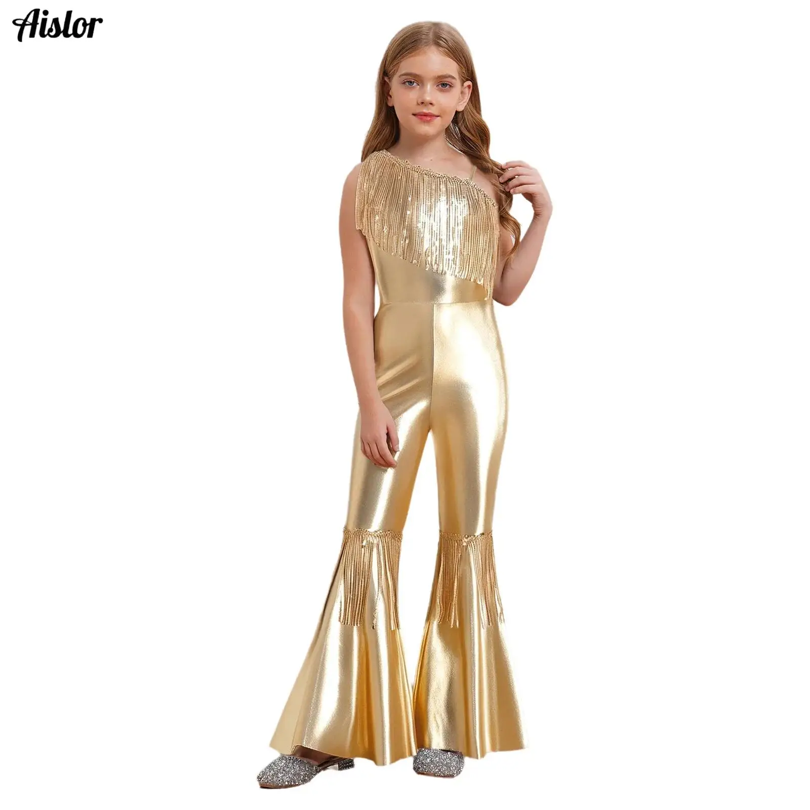 

Kids Girls Jazz Latin Dance Jumpsuit Off-the-shoulder Sleeveless Sequins Tassels High Waist Flared Bodysuit for Birthday Party