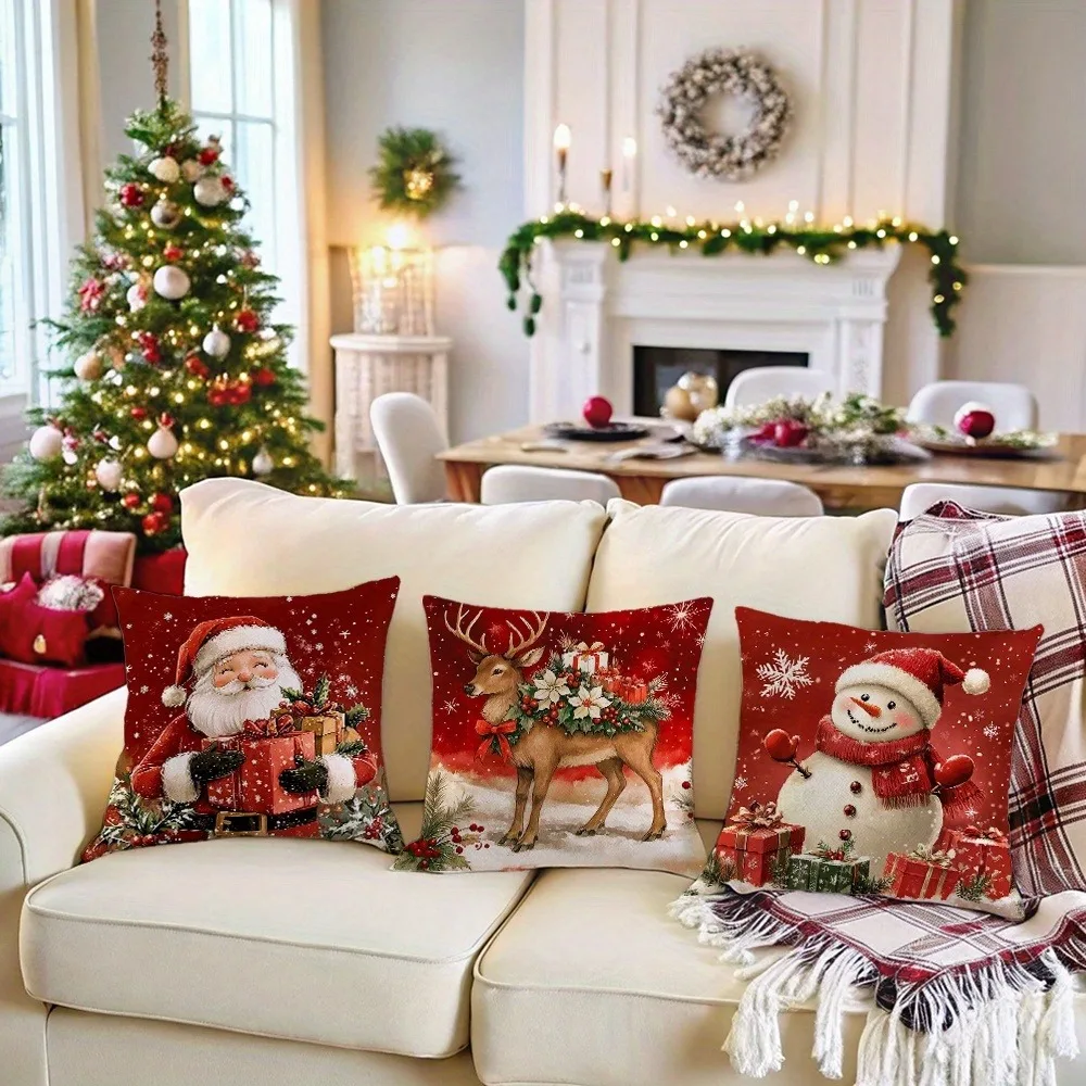 2D Flat Printing 4PCS Christmas Throw Pillow Covers 18x18 Inch Santa Deer Snowman Double Sided Print Cushion Cases Home Decor