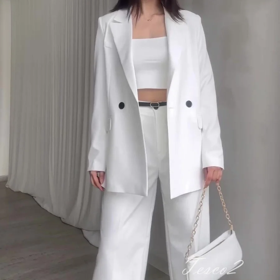 Tesco Sky Blue Casual Suit Blazer For Women Lapel collar Jacket Wide Leg Pants For Spring Summer Thin Office Pant Sets 2024