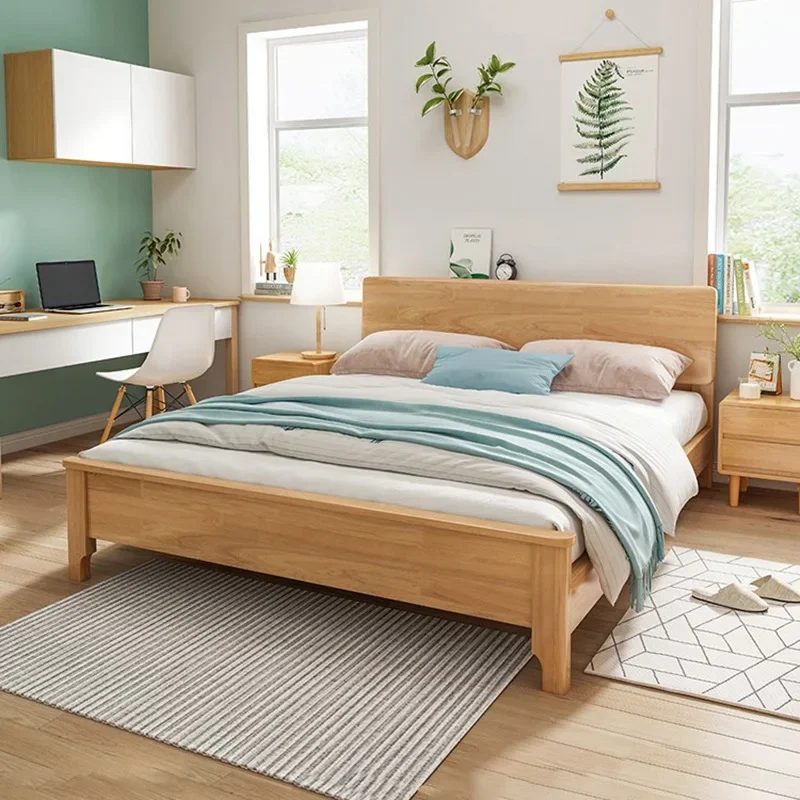 Factory direct sales Nordic light luxury solid wood bed modern simple European rubber wood master bedroom affordable simple Euro