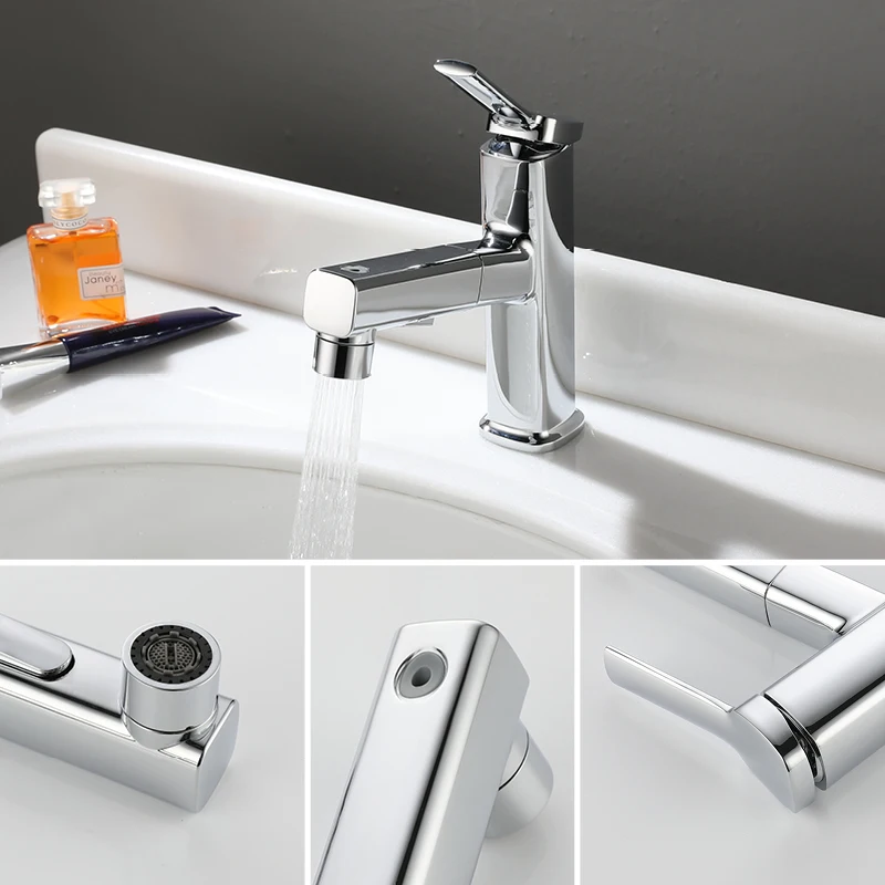 Pull Out Washbasin Faucet Chrome 1 Hole Single Handle Mixed Faucet Bathroom Multifunctional Sink Faucet Deck Mount