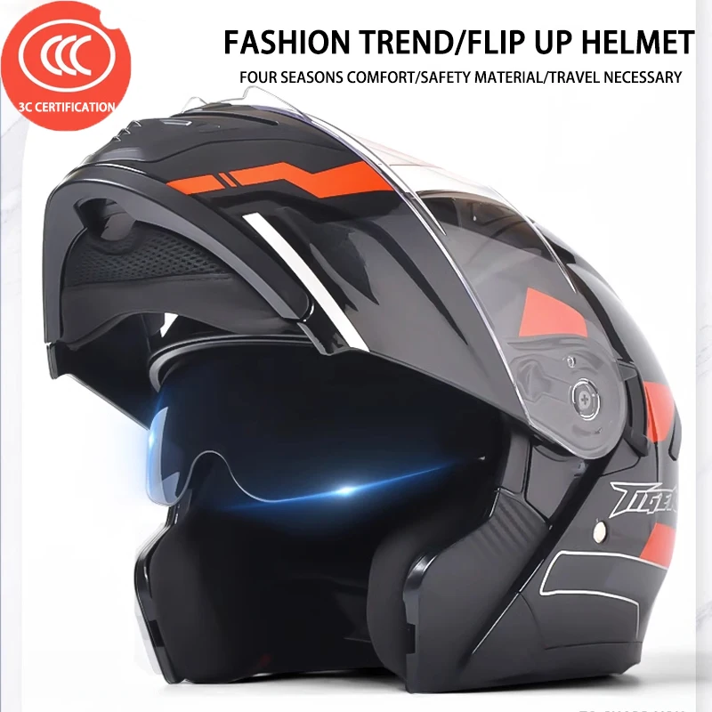 

AD Flip Up Motorcycle Helmet For Men Double Lenses Moto Cross Full Face Helmets With LED Certified Safety Cap Free Shipping