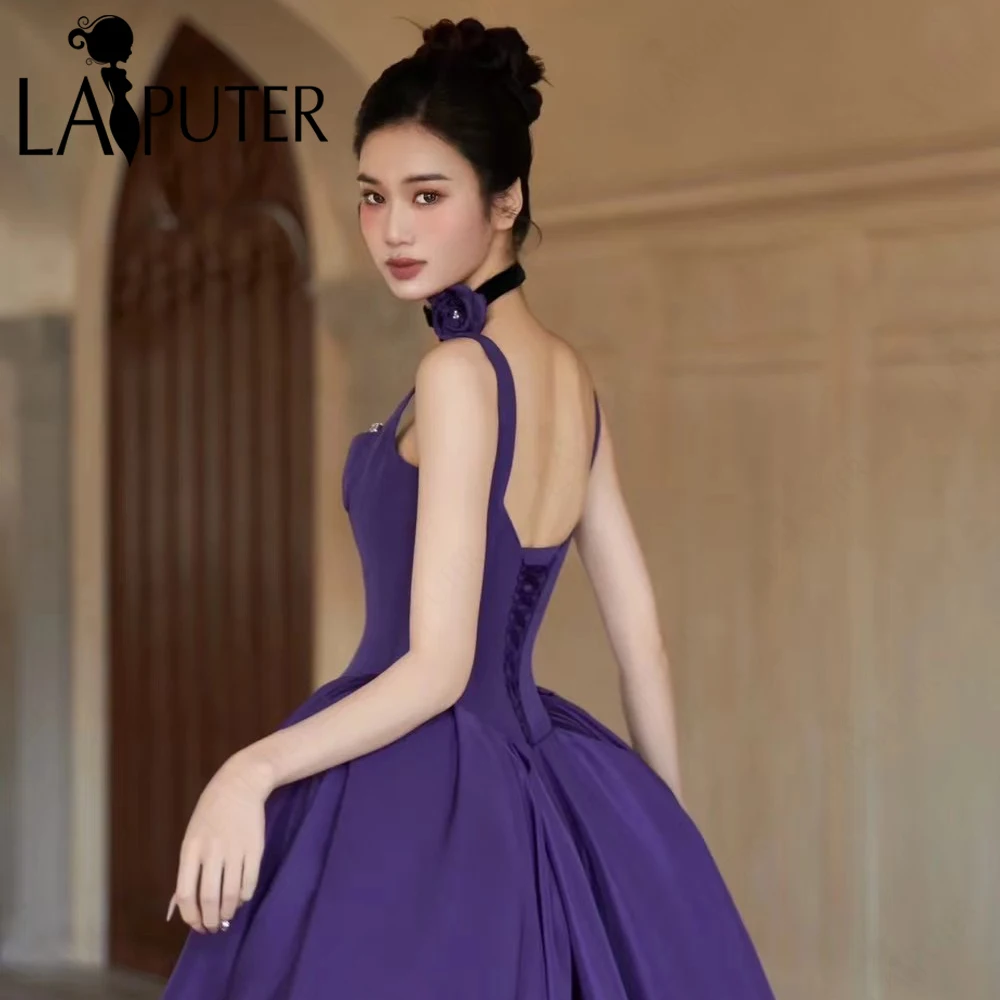 Grape Satin Evening Dresses Square Neck Shoulder Straps Simple A line Prom Gown Box Pleat New Design 2024 Celebrity Dress