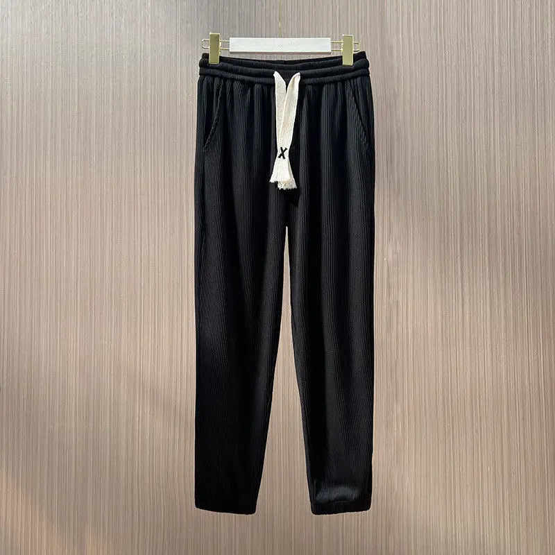 

Мужские летние повседневные брюки из тонкого ледяного шелка, дышащие эластичные спортивные брюки большого размера, модные свободные леггинсы с манжетами