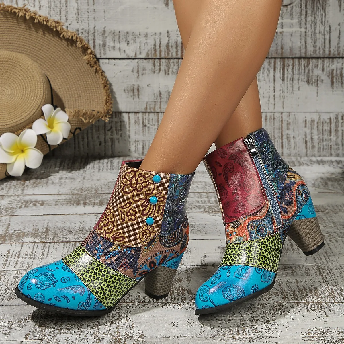 

Осенние женские ботинки, ботильоны из кожаной ткани с ярким принтом в этническом стиле, модные ботильоны на высоком каблуке с застежкой-молнией, женская обувь