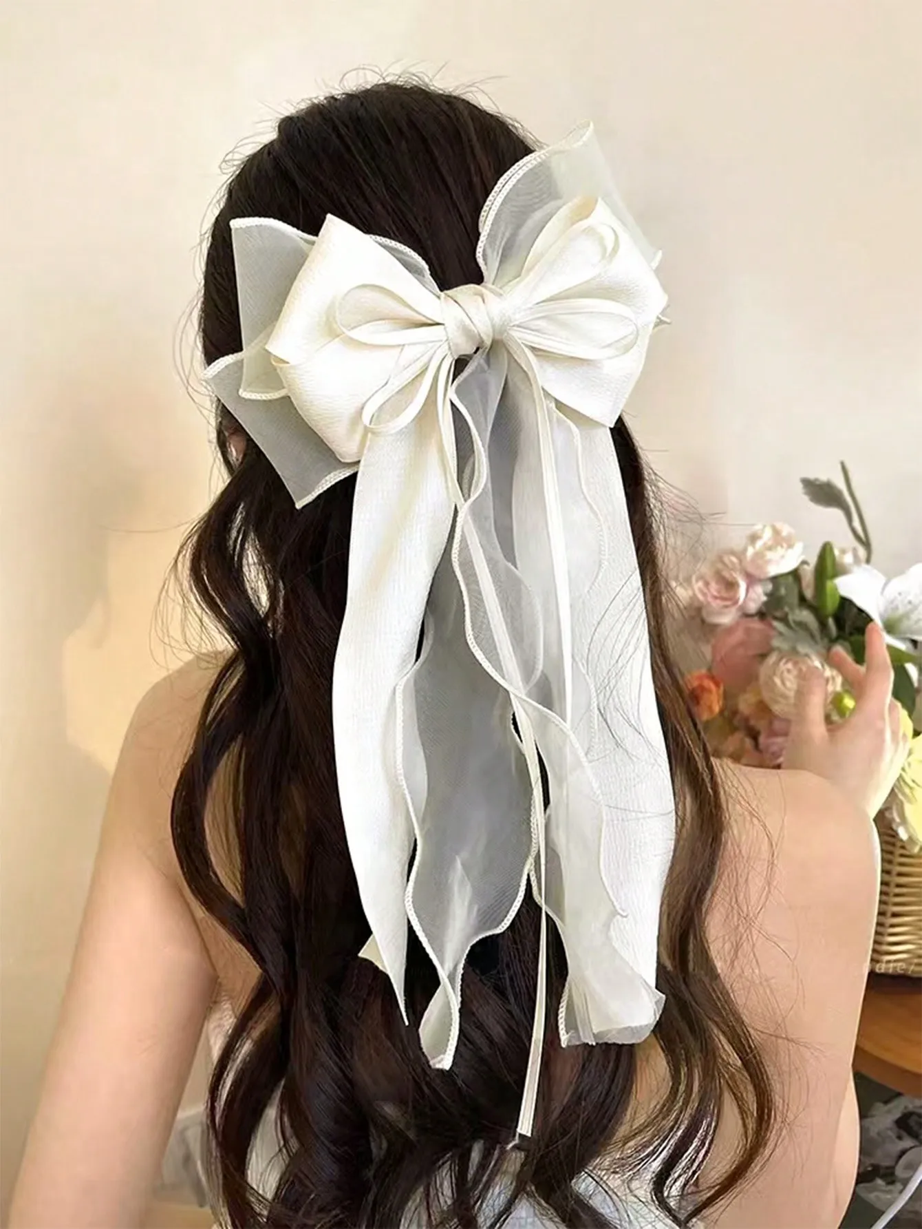 1Pcs Rosa Spitze Bogen Band Frühling Haar Clip Coquette Barrettes Lange Schwanz Band für Frauen Weihnachten Valentines Hochzeit Prom zubehör – Detail 11