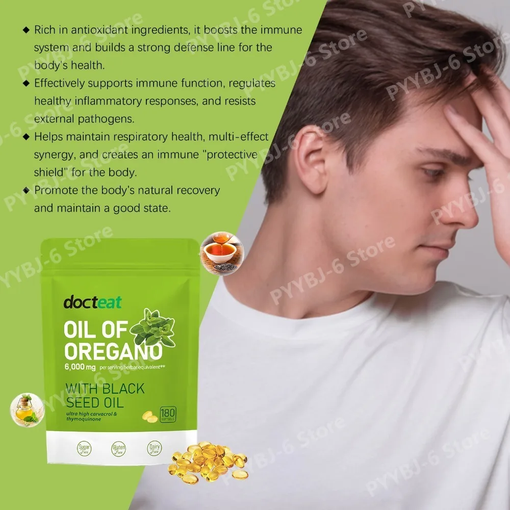 Docteat Oregano Oil Capsules 180 Count Gluten Free 6000 Mg Per Serving, Carvacrol & Thymoquinone Supports Immune Function