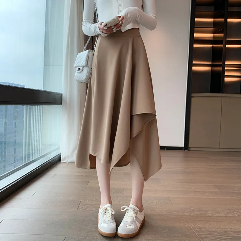 Moda Gonne irregolari nere Donna Autunno Inverno Coreano Gonne larghe a vita alta per donna Gonna a metà polpaccio con cerniera femminile