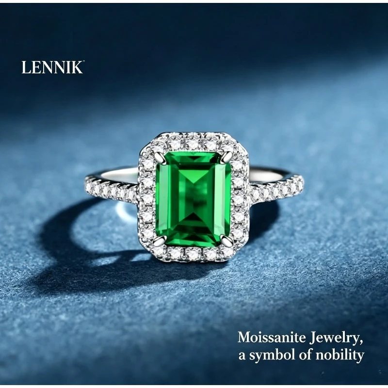 LENNIK S925 Sterling Silver 3 Carat Emerald Cut Ring Ladies High Carbon Diamond Ring Square Diamond Proposal Ring