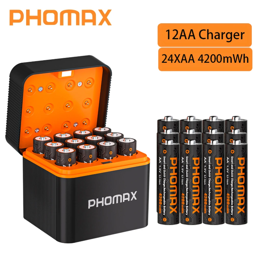 PHOMAX 2-32PC Oplaadbare lithiumbatterij 12-slots slimme snellader 1,5 V AA 4200 mWh batterijen voor koplamp speelgoedauto multimeter