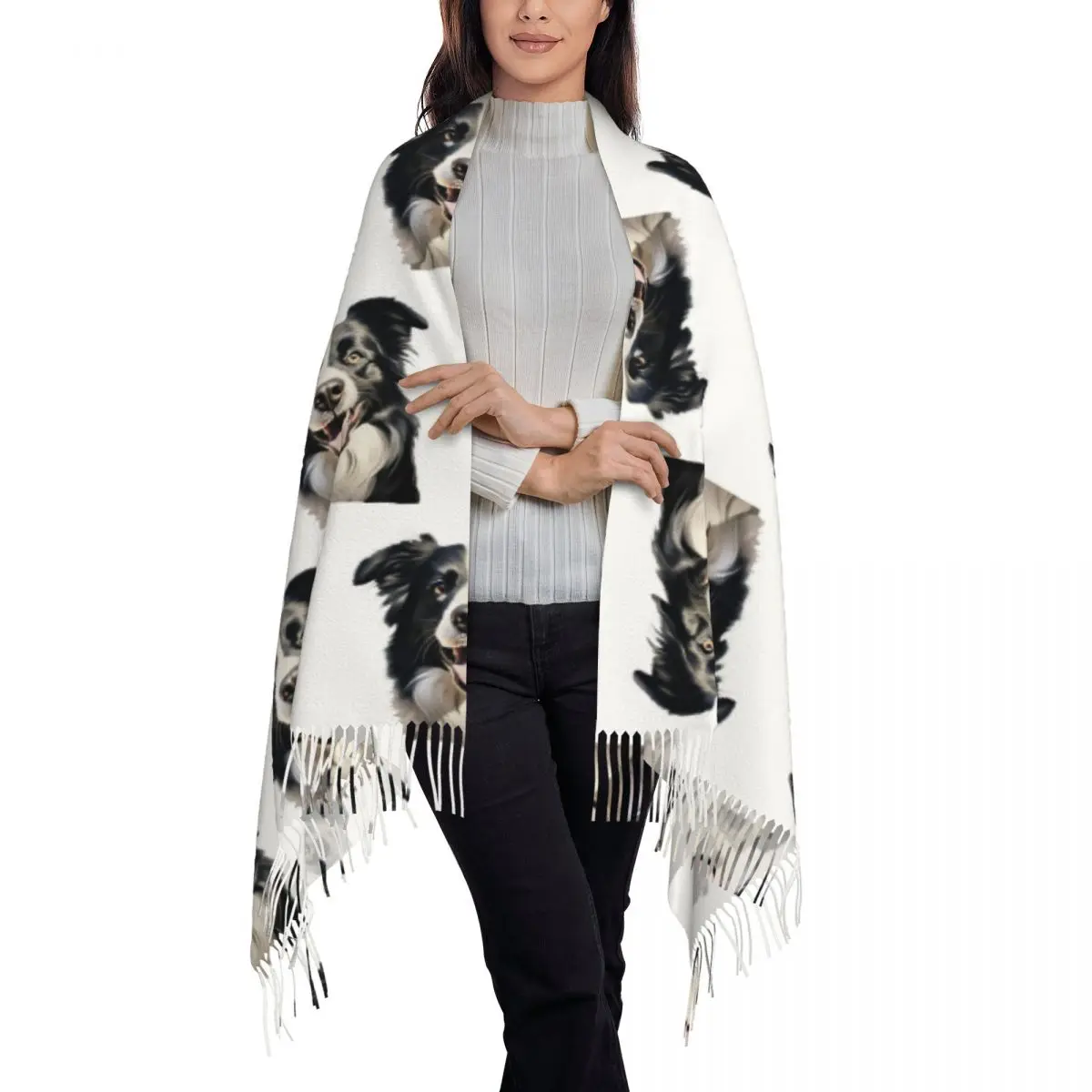 Border Collie Scarf Tassel Scarves Women Soft Warm Shawls and Wraps Large Fall Winter Shawl Wrap